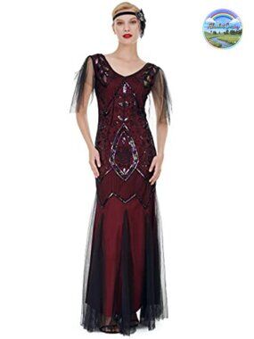 1920s Art Deco Sequin Maxi Dress Flapper Gatsby Tulle Sleeve Formal Gown